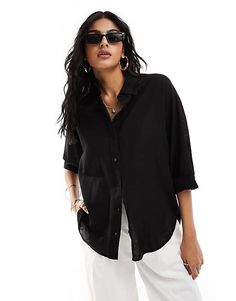 Stradivarius linen look shirt in black | ASOS Button Up Shirt Outfit, Linen Shirt Outfit, Maxi Dress Trend, Mixing Fabrics, Black Linen, Plus Size Pregnancy, Jeans For Sale, Skirts For Sale, Button Placket