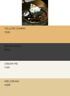 the color scheme for yellow charm is shown in shades of brown, beige and white