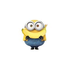 a yellow minion with big eyes and one hand in the air