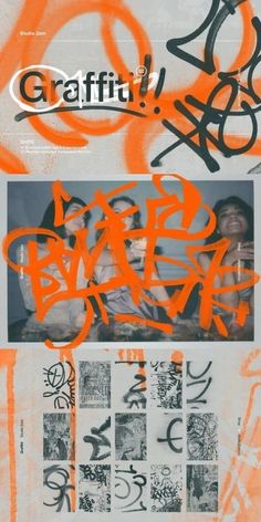 an advertisement for graffiti on the side of a building with orange spray paint and black letters