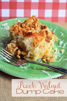 a green plate topped with a piece of cake on top of a checkered table cloth