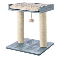 a cat scratching post with a ball hanging from it