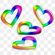 three rainbow colored hearts on a white background, with the word love spelled in different colors