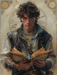 a painting of a young man with curly hair holding a book and looking at it