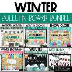 the bulletin board bundle for winter is shown in green, white and black with words on it