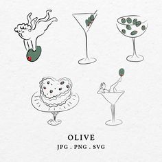 four different types of cocktails on a white background with the words olive, jpc png svg