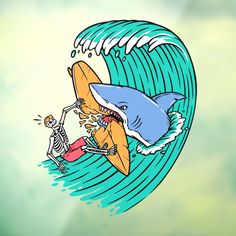 a drawing of a man riding a shark on top of a surfboard