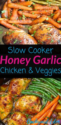 slow cooker honey garlic chicken and veggies in a pan with text overlay