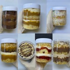 several pictures of jars filled with desserts and toppings, including cake in the middle