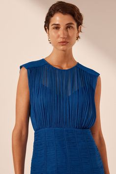 Maya Ruched Sleeveless Midi Dress | Strong Blue | Dresses | Shona Joy – Shona Joy International Joy Logo, Shona Joy, Sleeveless Midi Dress, Sheer Chiffon, Midi Dress Sleeveless, Body Measurements, Midi Length, Round Neckline, Blue Dresses