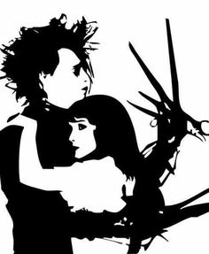 a man holding a woman with scissors in his hand and hair clippings on her shoulder