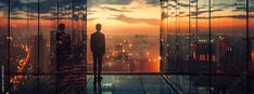 a man standing on top of a tall building looking out at the cityscape