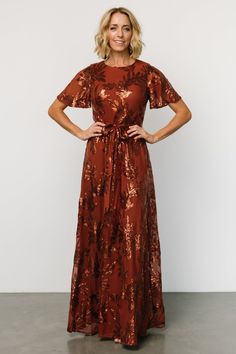 Muse Sequin Maxi Dress | Cinnamon - Baltic Born Sequin Maxi Dress For Fall, Fall Sequin Maxi Dress, Brown Short Sleeve Maxi Dress For Party, Brown Short Sleeve Party Dress, Brown Sequined Dress For Night Out, Brown Sequined Dress For Party, Hunter Green Maxi Dress, Silver Maxi Dress, Burgundy Maxi Dress