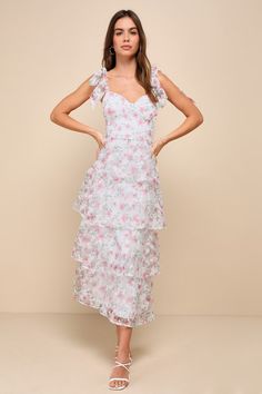 Your radiance is sure to stun when you wear the Lulus Endlessly Gorgeous White Floral Burnout Tie-Strap Midi Dress! Sheer woven organza, with a burnout floral pattern throughout, shapes tying shoulder straps that support a bustier-style bodice with a sweetheart neckline and seamed cups. Fitted waist tops a ruffled skirt that cascades to a midi hem. Hidden zipper/clasp at back. Fit: This garment fits true to size. Length: Mid-calf length. Size medium measures 43" from adjustable straps to hem. Bu Dress With Tie Straps, Engagement Photo Dress, Floral Tulle Dress, Ruffled Midi Dress, White Floral Midi Dress, High Low Midi Dress, Casual Formal Dresses, Graduation Party Dresses, Aesthetic Outfit Ideas