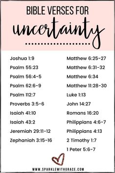 the bible verses for uncertainly with pink and black lettering on it, in front of