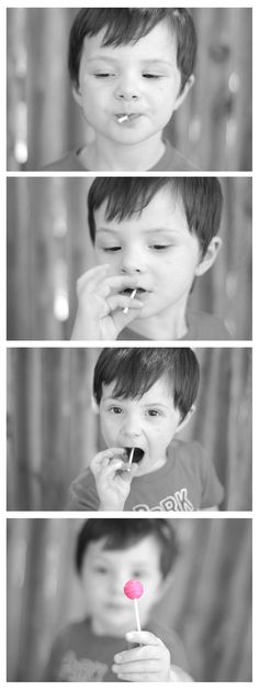 three different pictures of a young boy holding a lollipop in front of his face