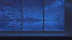 an open window looking out at the night sky and stars in the sky over water