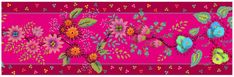 a pink background with colorful flowers and leaves on the bottom right corner is an ornate border