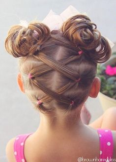 laced pigtails and double buns Girls Hairdos, Double Buns, Gymnastics Hair, Toddler Hairstyles Girl, Pigtail Braids, Fesyen Rambut, Pigtail Hairstyles