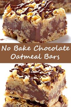 no bake chocolate oatmeal bars are stacked on top of each other