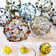 several different types of wire balls with beads on them, all in various shapes and sizes