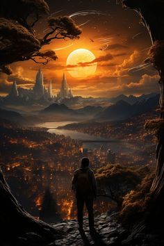 a man standing on top of a cliff looking at the sunset over a city below