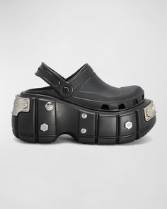 Get free shipping on Balenciaga x Crocs™ Men's Hardcrocs™ Platform Clogs at Neiman Marcus. Shop the latest luxury fashions from top designers. Black Boots Heels, Crocs Ideas, Womens Slides Sandals, Black Balenciaga, Slides For Women, Balenciaga Logo, Rubber Sandals, Platform Clogs, High Fashion Outfits