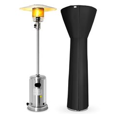 an outdoor heater next to a black flamer on a white background with the light turned on