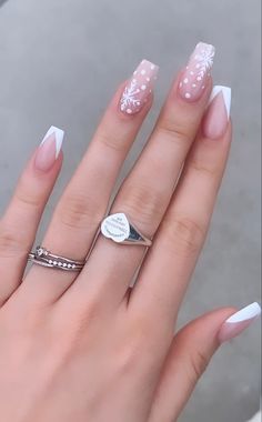 Winter nail art design inspo #christmas #nails #nailart Winter Ballerina Nails, White Xmas Nail Designs, Christmas Proposal Nails, Winter Acrilyc Nails, Girly Winter Nails, Short Acrylic Nails Coffin Winter, January Nails Winter Simple 2024, January Acrylic Nail Ideas, Plain Christmas Nails