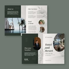 three fold brochure design for hotel and resort with palm trees in the background