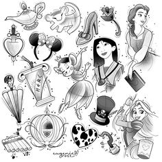 some disney princesses and their accessories are drawn in black and white ink on paper