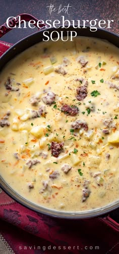 cheeseburger soup in a red pot with the title above it