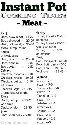 the instructions for instant pot cooking times are shown in this printable recipe book,