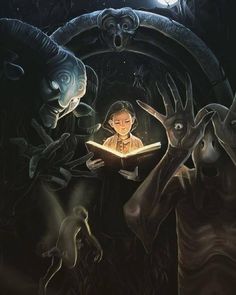 a woman reading a book in front of some creepy looking monsters with her hands up