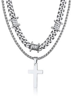 PRICES MAY VARY. 🖤 Necklaces Set: 20 Inches Silver Color Barbed Wire Choker + 22 Inches Cross Pendant Necklace 🖤 Top Quality Material: NO ALLOY---Made with durable 316L stainless steel, superb plating on surface, no color-fading, friendly to skin, you will feel the weight and texture. 🖤 Made for both women and men who are favor of gothic punk style, or have a fierce strong personality, it will be a great matching daily jewelry. 🖤 Dimension: Barbed wire chain width: 9mm, length: 20"+2"(50.8cm Skull Choker, Wire Choker Necklace, Wire Choker, Cuban Necklace, Necklaces Set, Necklace Top, Strong Personality, Daily Jewelry, Punk Jewelry