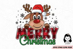 merry christmas reindeer with santa hat and snowflakes on his nose svg file