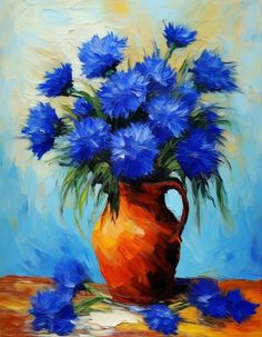 a painting of blue flowers in a brown vase on a table with yellow and blue background