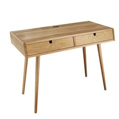 a wooden desk with two drawers on one side and an open drawer on the other