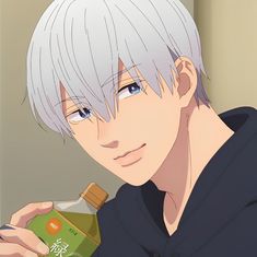 an anime man with white hair and blue eyes is holding a bottle in his hand