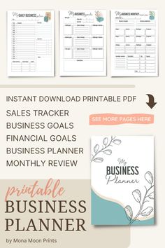 the printable business planner is shown in three different colors and sizes, with text on each