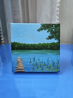 a painting of a wooden dock in the water