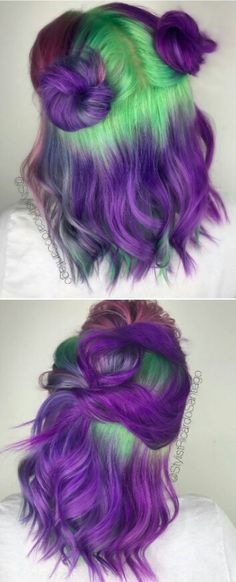 Green purple dyed hair @stylistricardosantiago Split Green Hair, Purple With Green Hair, Crazy Hair Colors For Short Hair, Halloween Hair Short, Purple And Green Hair Color, Green Roots Hair, Green And Pink Hair Color, Green Hair Purple Eyes, Pink Purple And Green Hair