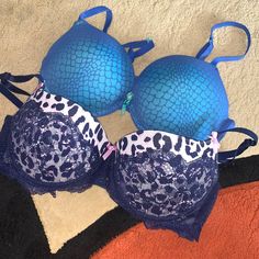 Listing Is For Both Of The Bras, But I Can Make A Separate Listing If You Are Interested. Blue Bra Is The Brand Xhilaration. The Inside Of It Is Green As Shown In Pictures. It Is A Super Push Up Bra. The Bottom Cheetah Print With Blue Lace Bra Is The Brand Xoxo. Inside Is Light Pink As Pictured. Also A Push Up Bra. Both In Nearly Brand New Condition. Blue Stretch Bra For Loungewear, Blue Seamless Bra For Loungewear, Blue Lace Bra, Super Push Up, Blue Bra, Clothes Shopping, Sleepwear Sets, Lace Bra, Push Up Bra