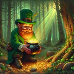 a painting of a lepreite holding a pot with gold in its hands and sitting on the ground