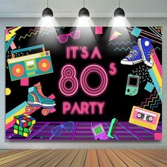 there is a neon sign that says it's a 80's party on the wall