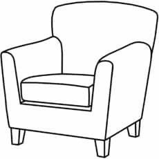 a line drawing of a chair with arm rest and footrests, viewed from the front