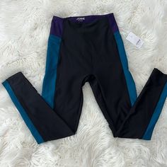 Natori Solstice Track Leggings - Dark Teal, Purple And Black Color - 78% Polyester 22% Spandex - Two Open Side Pockets - New With Tags Track Leggings, Dark Teal, Purple And Black, Black Blue, Pant Jumpsuit, Black Color, Blue Black, Pants For Women, Track