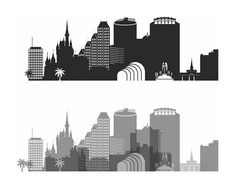 two black and white city skylines with palm trees