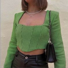 So Beautiful! Zara Neon Green/Black Houndstooth Bustier Crop Size M New With Tags! Never Worn No Damages Zipper On Side Shoulder Pads Length From Shoulder 14.5” Pit To Pit 16.5” Chic Fitted Plaid Top, Trendy Cropped Tops For Office, Trendy Fitted Gingham Top, Fitted Gingham Top Trendy Style, Fitted Gingham Cropped Top, Trendy Houndstooth Pattern Tops For Winter, Chic Gingham Long Sleeve Tops, Chic Plaid Tops For Office, Fitted Gingham Tops For Day Out