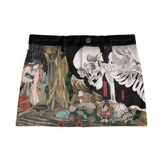 Step into a piece of art history with our Vintage Ukiyo-e Skeleton Pattern Denim Mini Skirt, a stunning fusion of traditional Japanese artwork and modern fashion. Featuring the iconic "Takiyasha the Witch and the Skeleton Spectre" by Utagawa Kuniyoshi, this skirt is a testament to our unique collaboration with the world's greatest museums, specifically the Honolulu Museum of Art. Features and Benefits: Premium Layla Stretch Cotton Denim: Crafted for comfort and flexibility, this high-quality str Skeleton Pattern, Utagawa Kuniyoshi, Japanese Art Print, Dramatic Fashion, Iconic Artwork, Japanese Artwork, The Skeleton, Silky Blouse, Ukiyo E